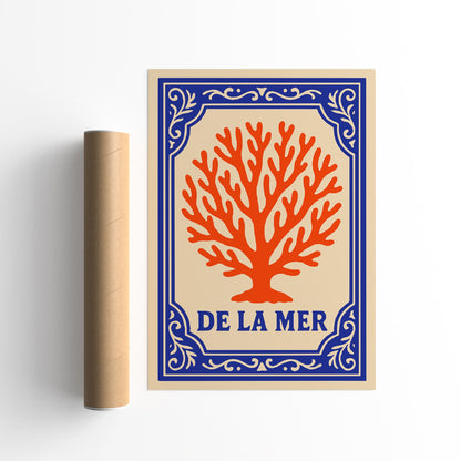 De La Mer Poster - Blue & Coral Orange Nautical Art Print