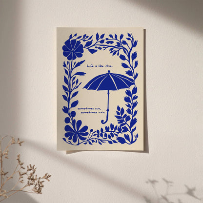 Sometimes Sun Sometimes Rain – Blue Floral Quote Poster