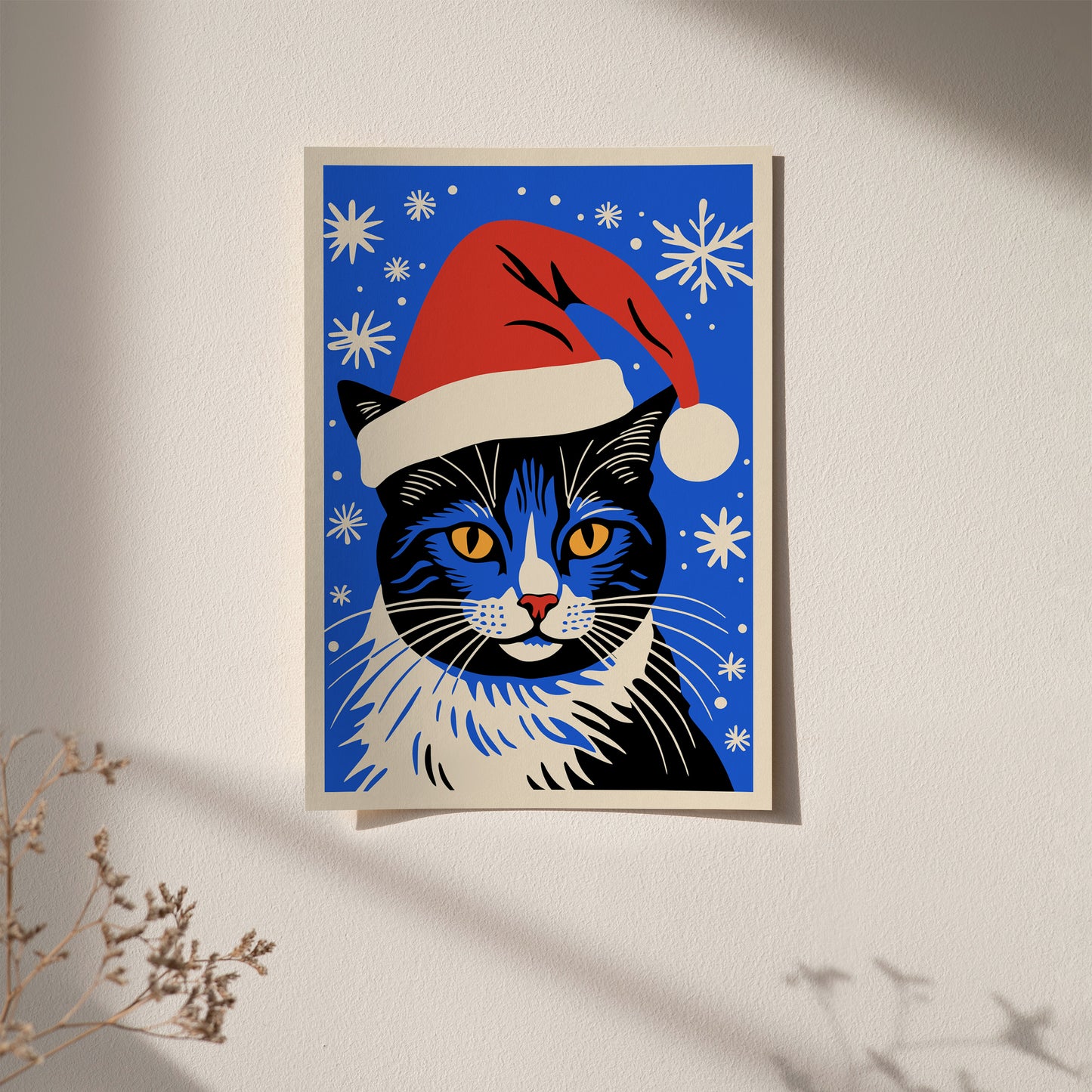 Cat Santa Blue Art Print