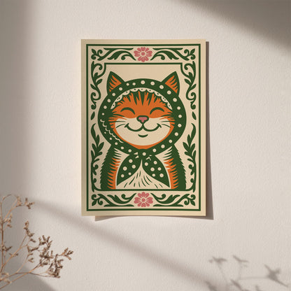 Whimsical Cat Poster - Folk Art Animal Wall Print