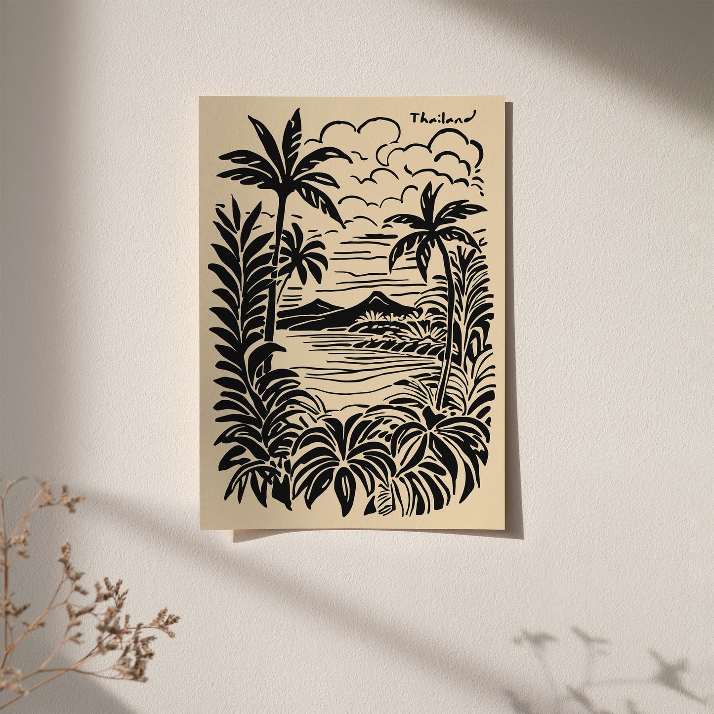 Thailand Vintage Black Ink Style Tropical Landscape Poster