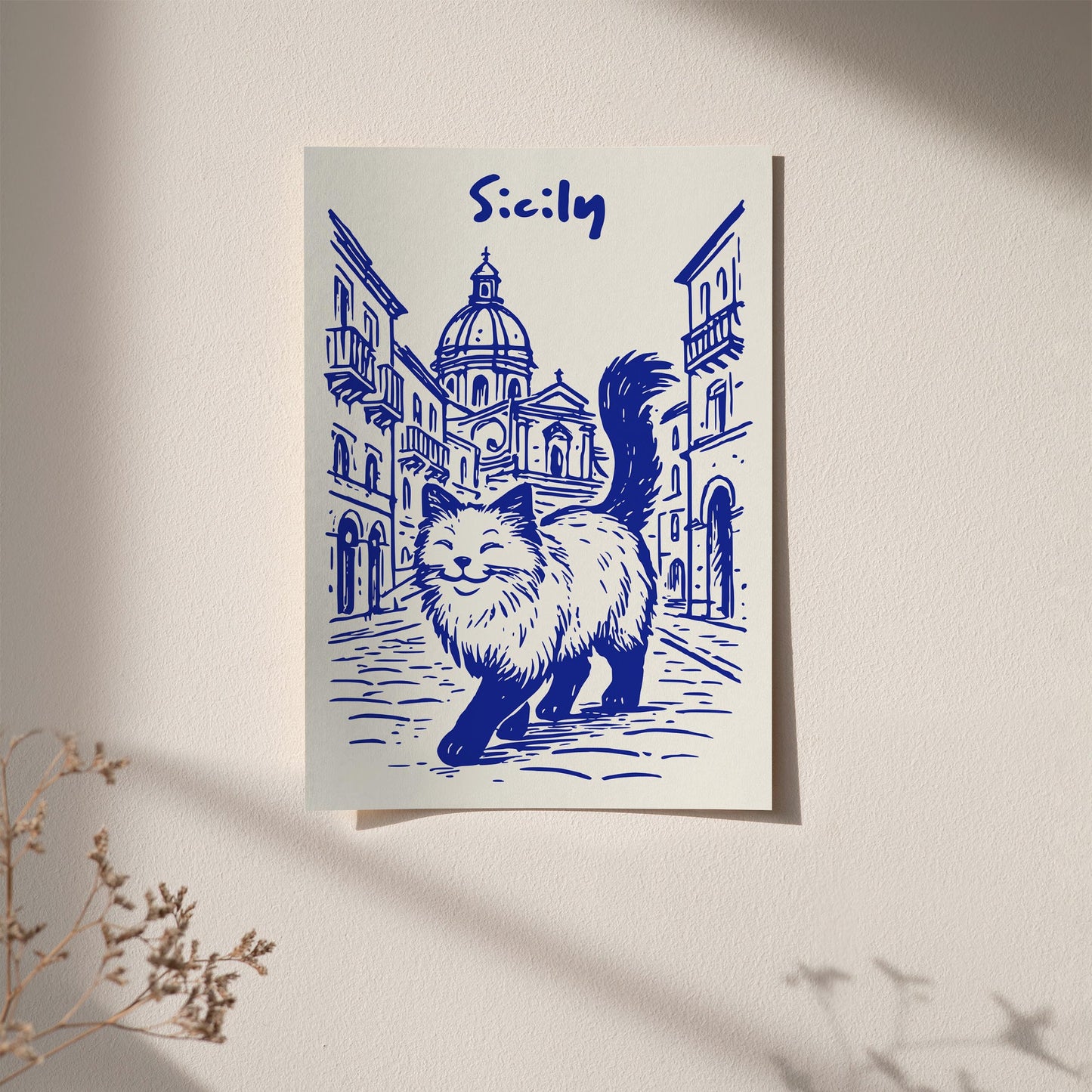 Sicily Blue Poster - Funny Cat Walking in Italy