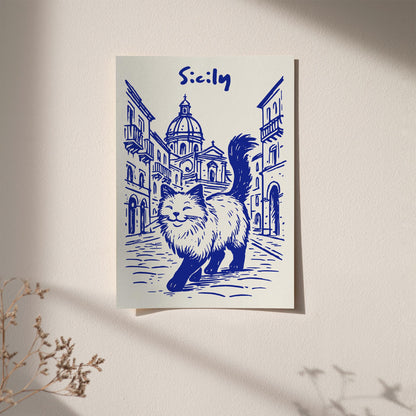Sicily Blue Poster - Funny Cat Walking in Italy