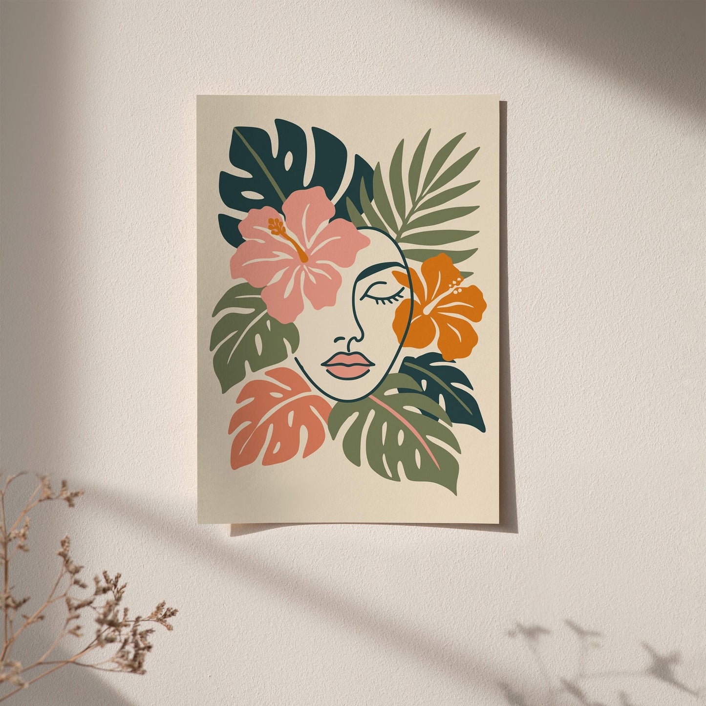 Line Art Woman Face in Tropical Leaves Poster