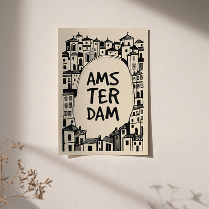 Amsterdam Black Ink Style Architecture Art Print