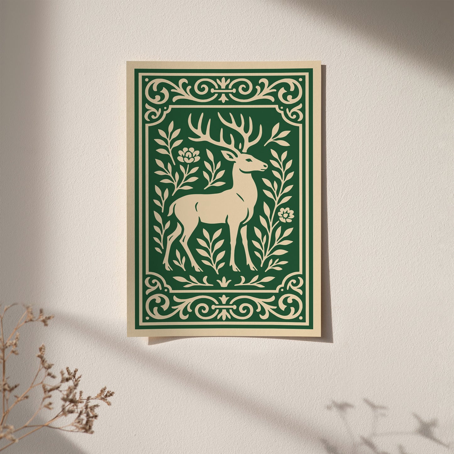Green Linocut of Deer Poster