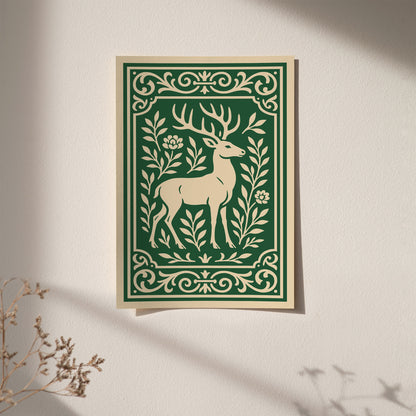 Green Linocut of Deer Poster