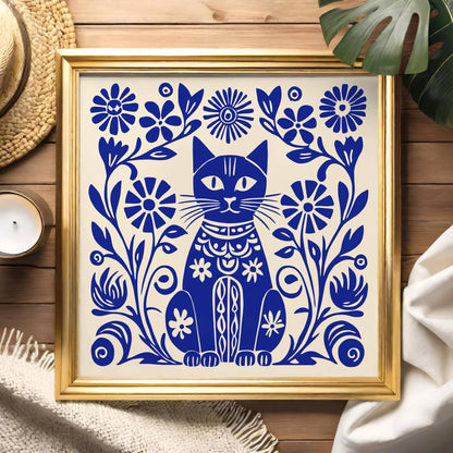 Blue Folk-Style Kitten Art Print – Square Wall Decor