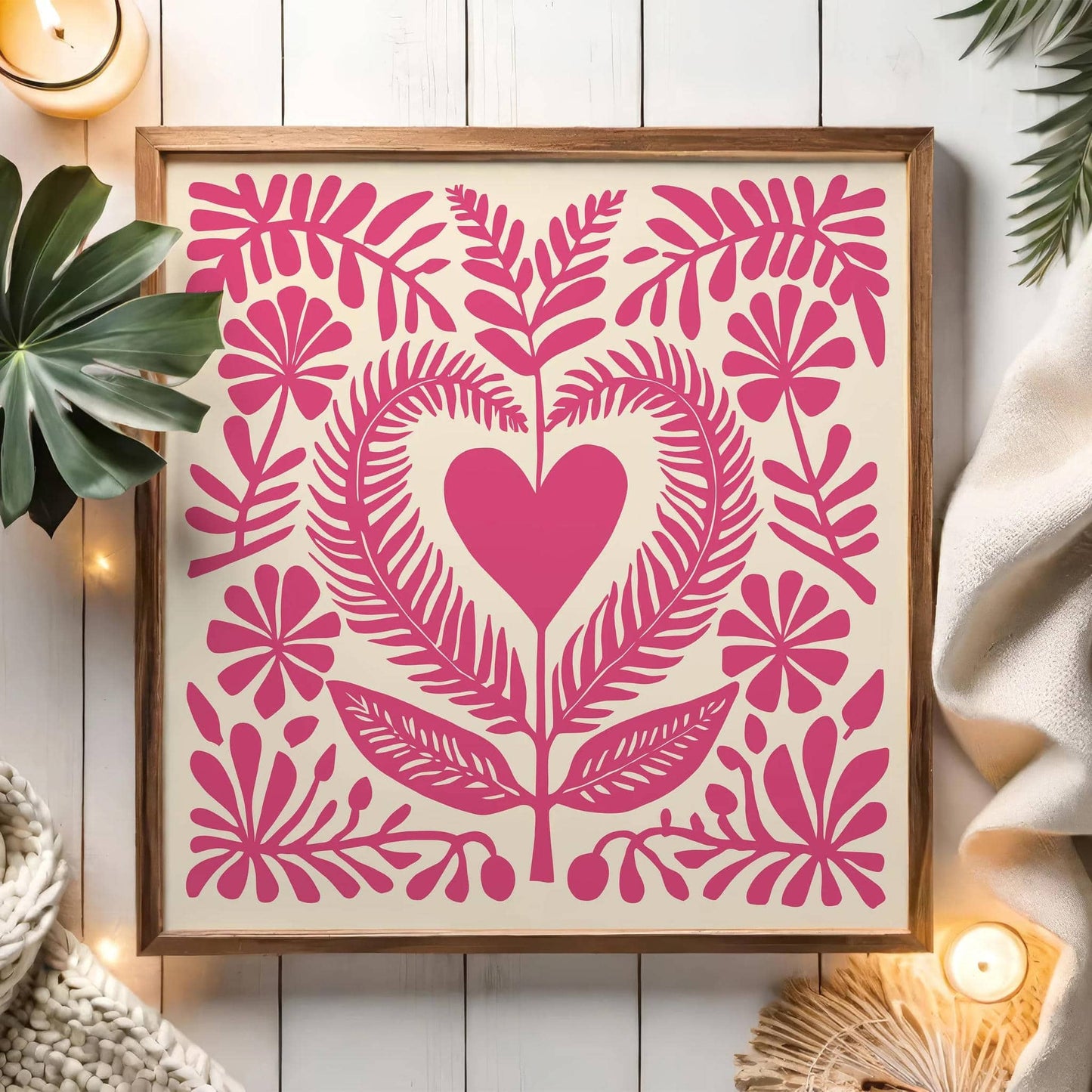 Pink Floral Folk Art Print – Square Wall Decor