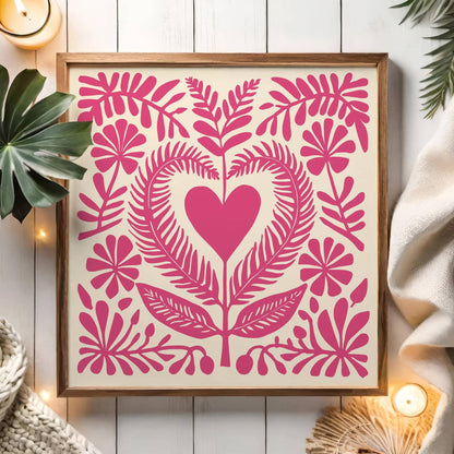 Pink Floral Folk Art Print – Square Wall Decor