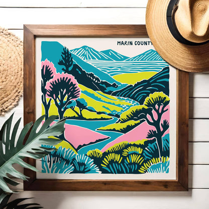 Colorful Marin County California Travel Poster – Square Wall Art Print
