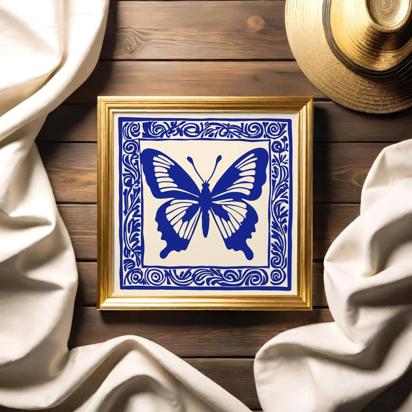 Blue Linocut Butterfly Art Print – Square Wall Decor
