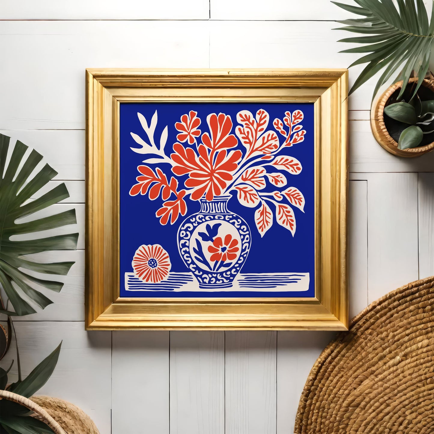 Blue Flowers Vase Poster - Square Floral Wall Art