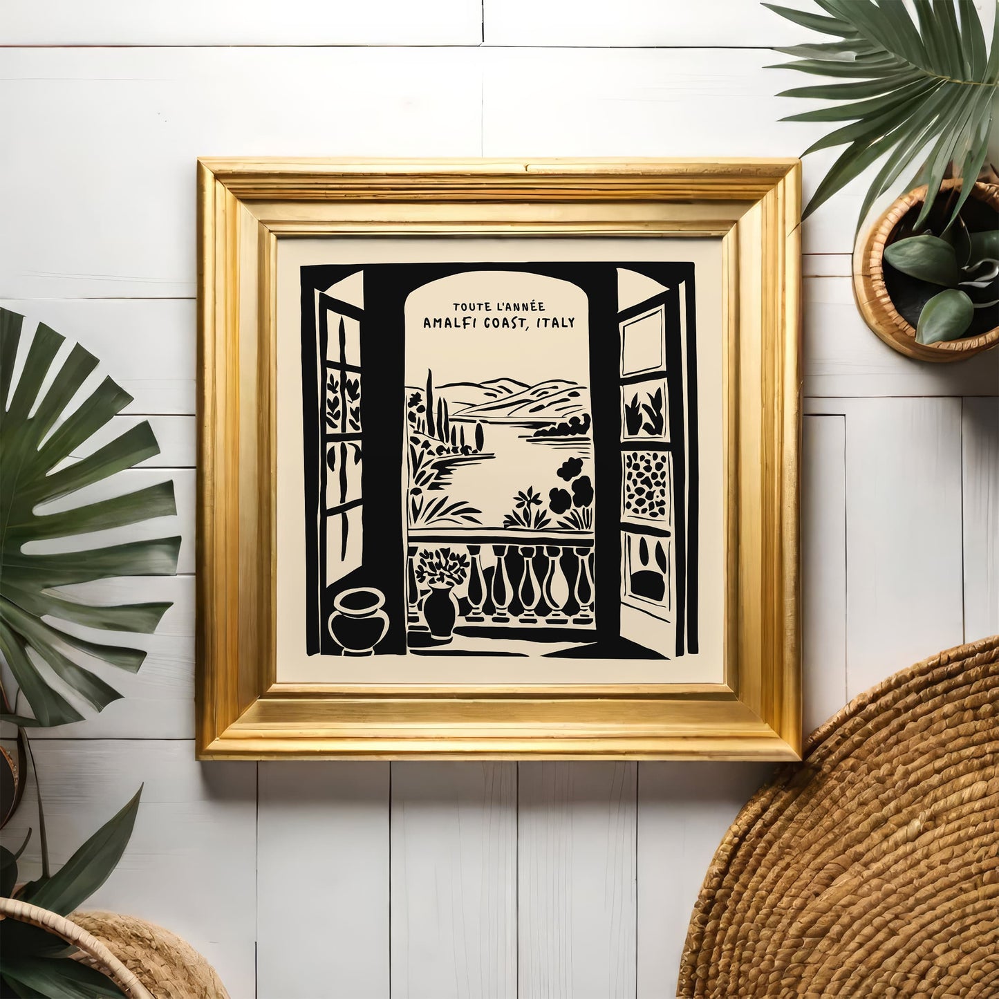 Amalfi Coast Black Ink Square Wall Art Print