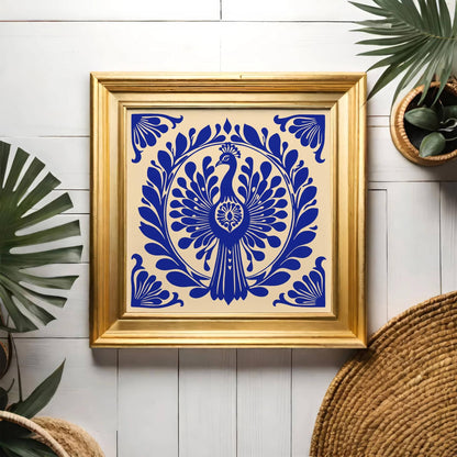 Blue Art Nouveau Peacock Bird Square Print