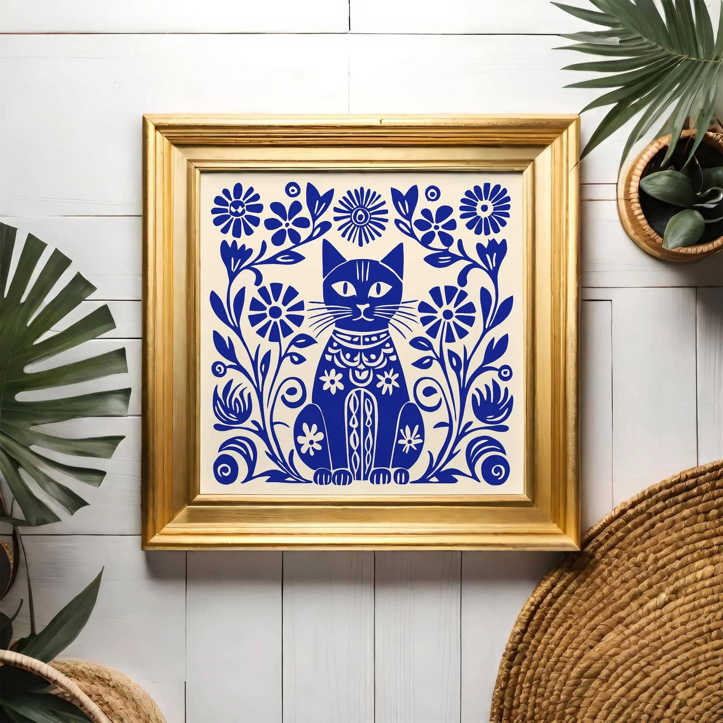 Blue Folk-Style Kitten Art Print – Square Wall Decor