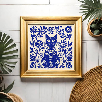 Blue Folk-Style Kitten Art Print – Square Wall Decor