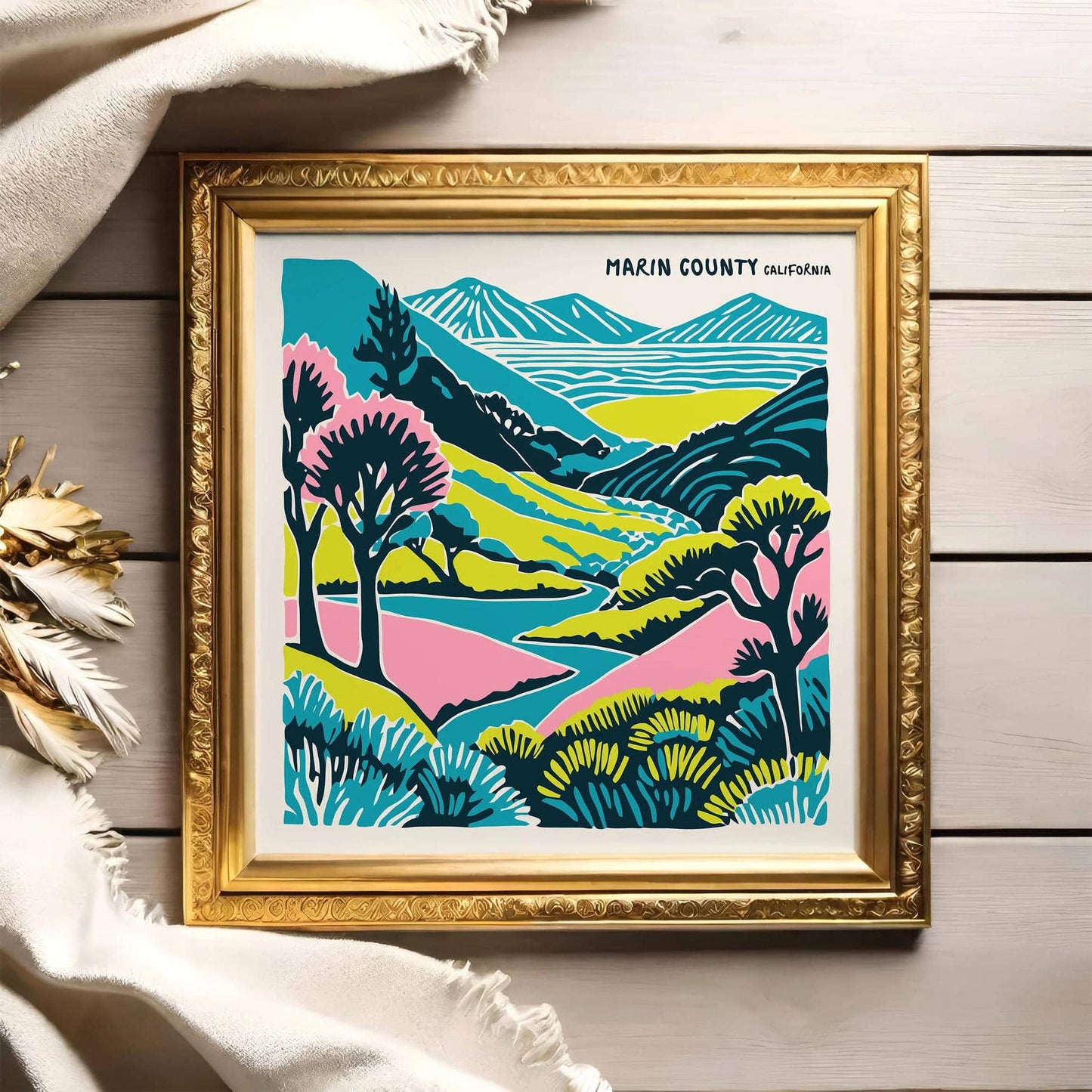 Colorful Marin County California Travel Poster – Square Wall Art Print