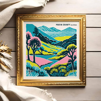 Colorful Marin County California Travel Poster – Square Wall Art Print