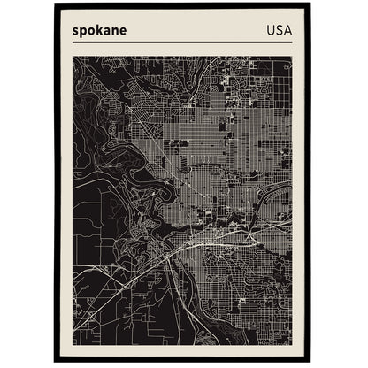 Spokane USA City Map - Black and White Poster