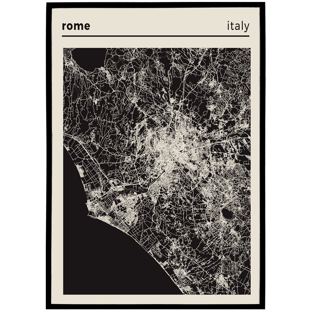 Rome City Map - Italy - Black and White Poster