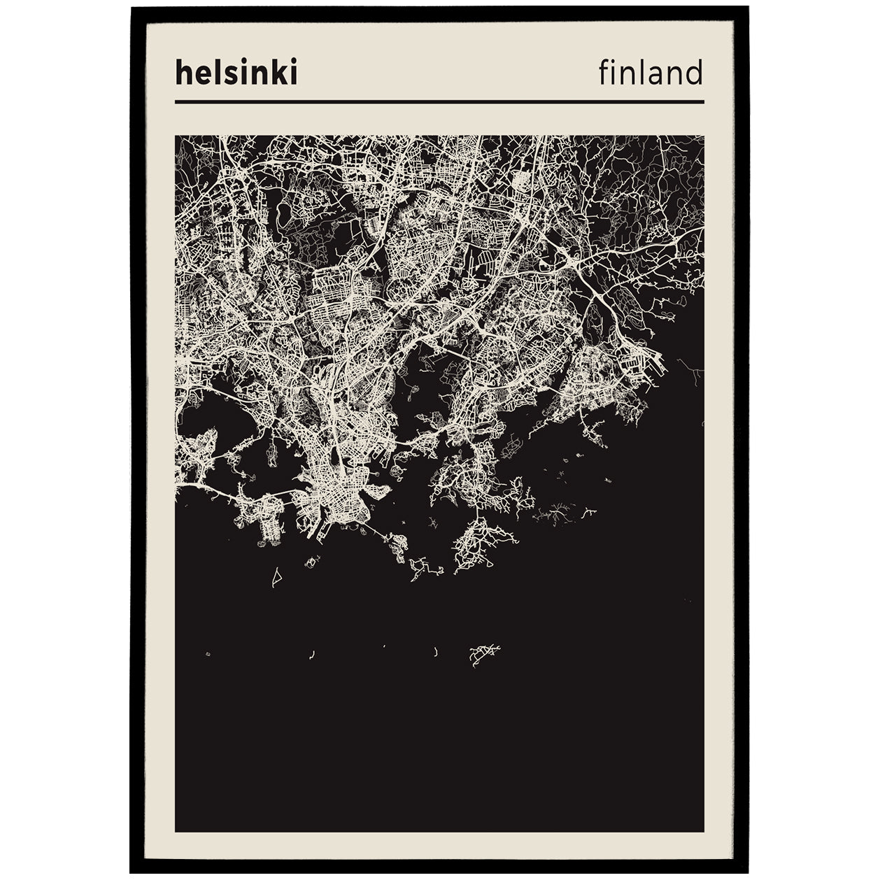 Helsinki, Finland - Black and White Map Poster
