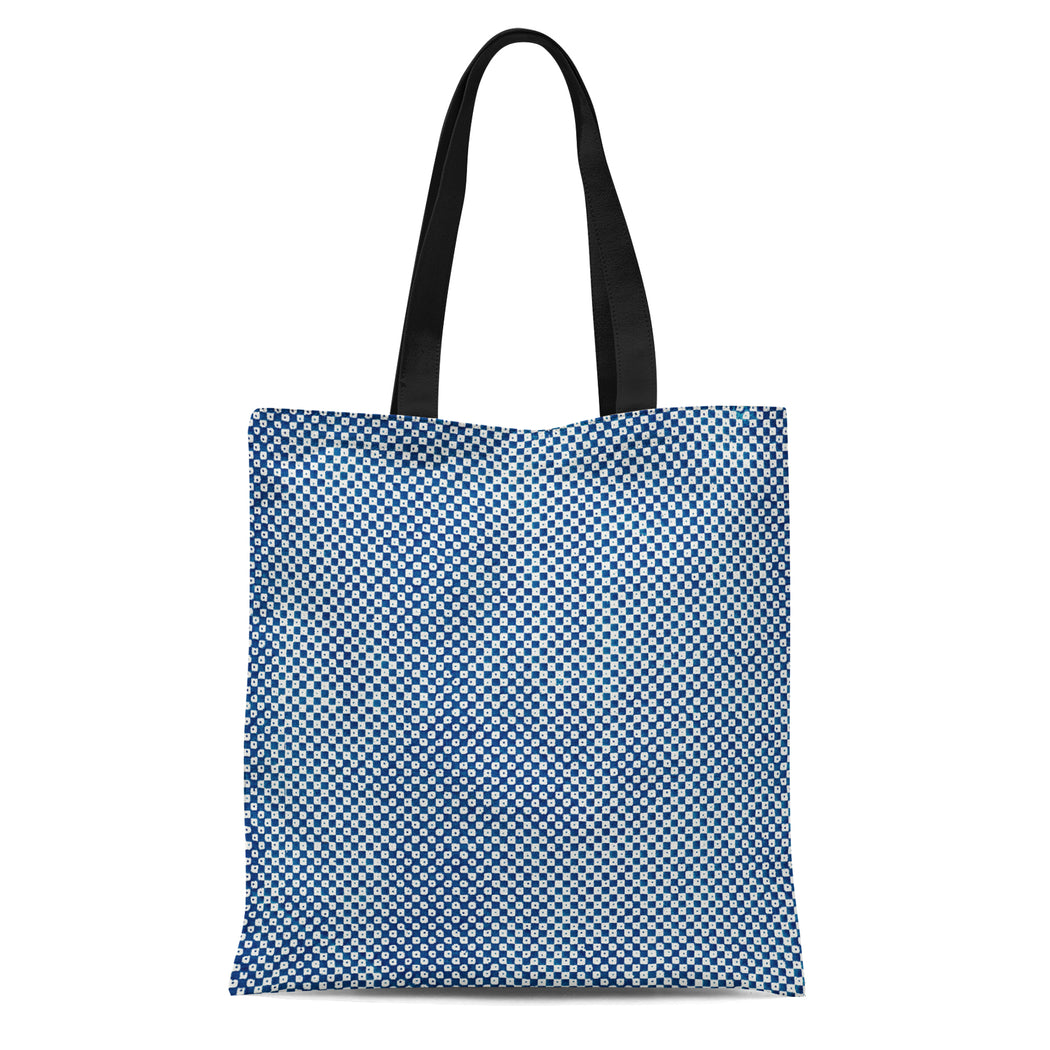 Tote Bag with blue checkered handdrawn pattern