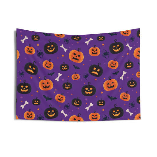 Wall Tapestry with pumpkins, spooky jack-o-lantern, spiders and bats