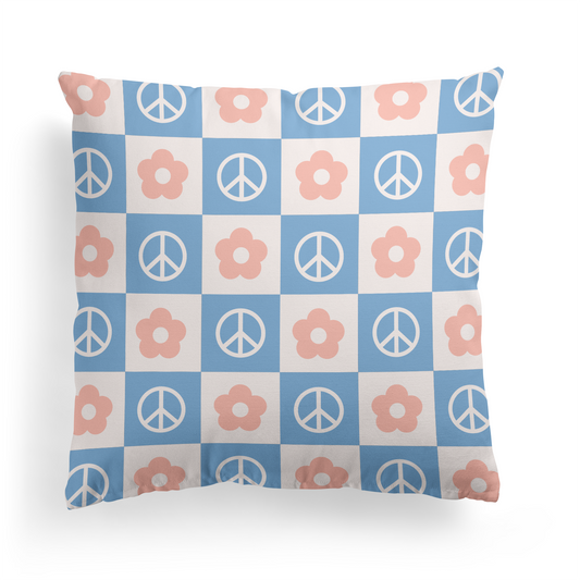 Blue Peace and Love Retro 60s Pattern Throw Pillow