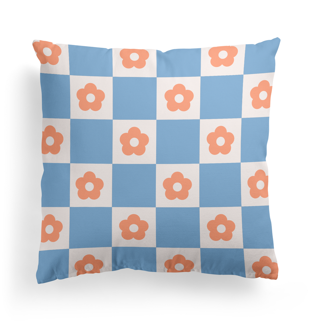 Blue Checkboard with Flowers Retro Throw Pillow