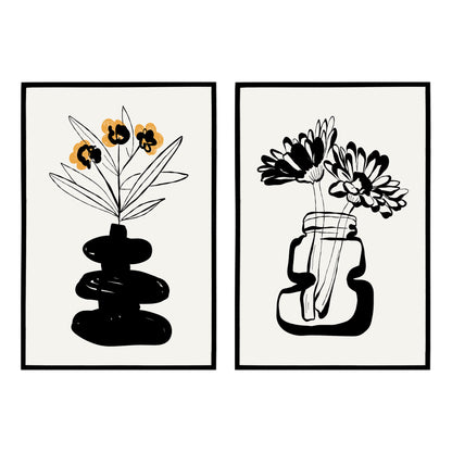 Set of 2 Handdrawn Black Ink Floral Edge Style Posters