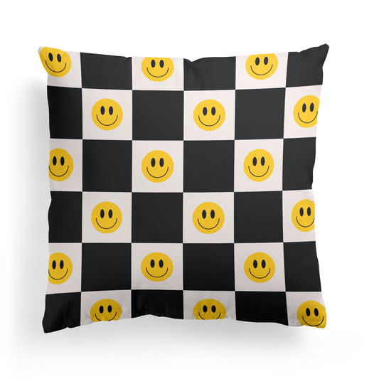 Black Retro Checkboard with Faces Throw Pillow