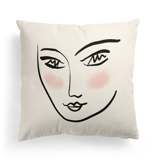 Beige Throw Pillow with Line Art Woman Face