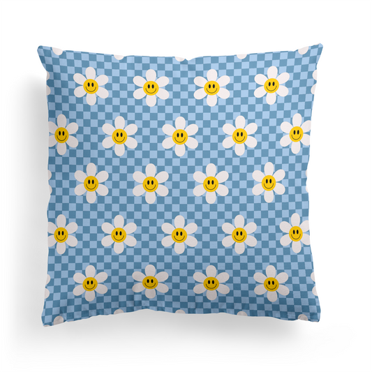 Happy Daisies on Blue Checkboard Throw Pillow