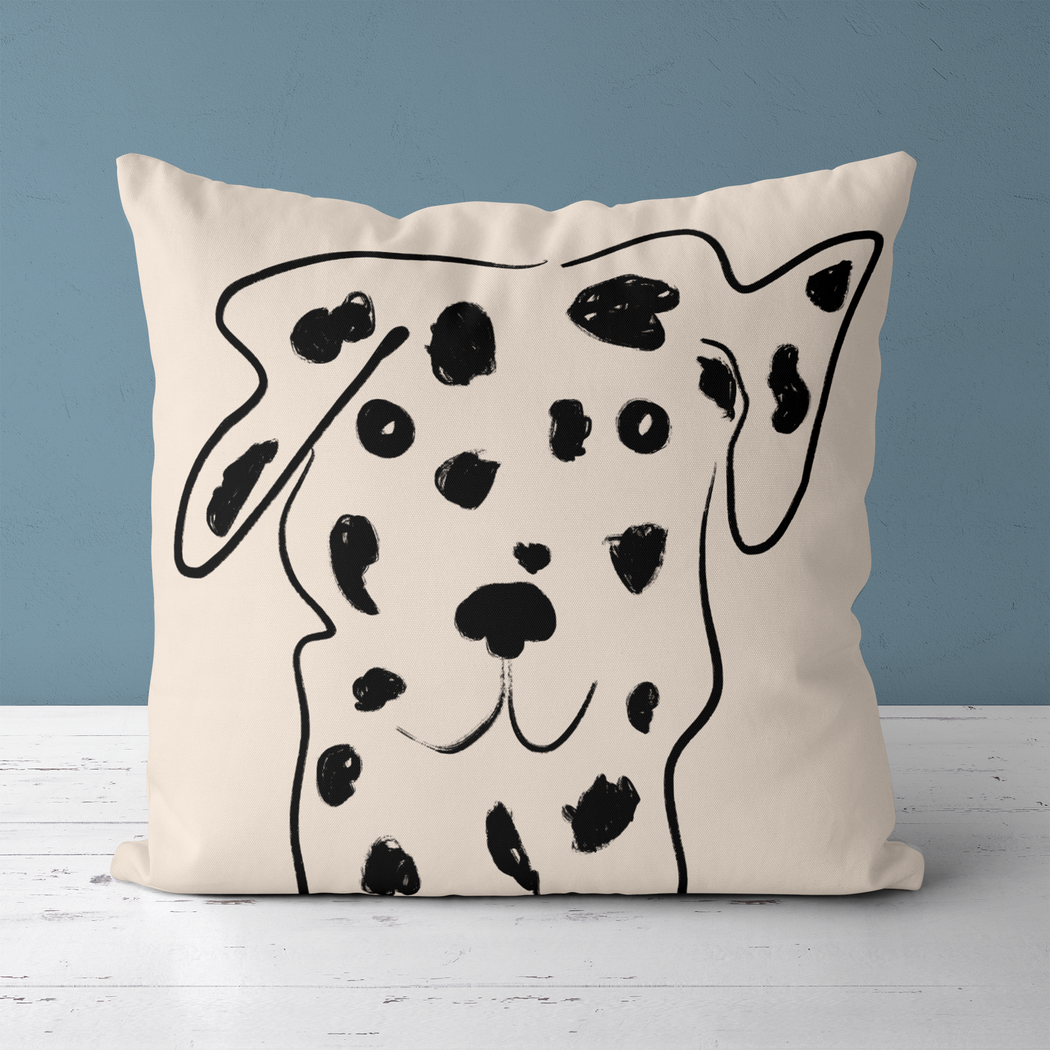 Dalmatian Dog, Black Line Art, Beige Throw Pillow