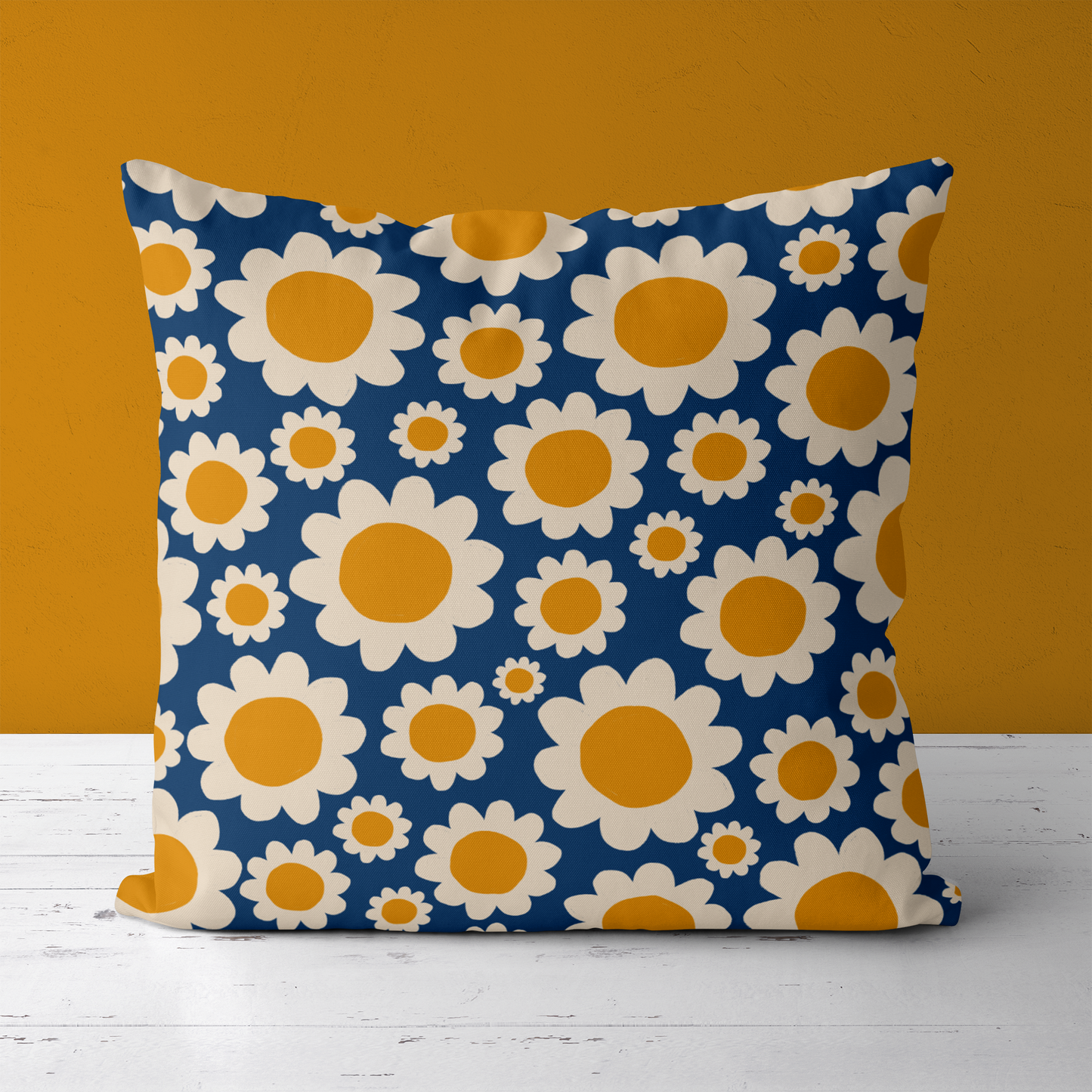 Blue Throw Pillow with Daisies