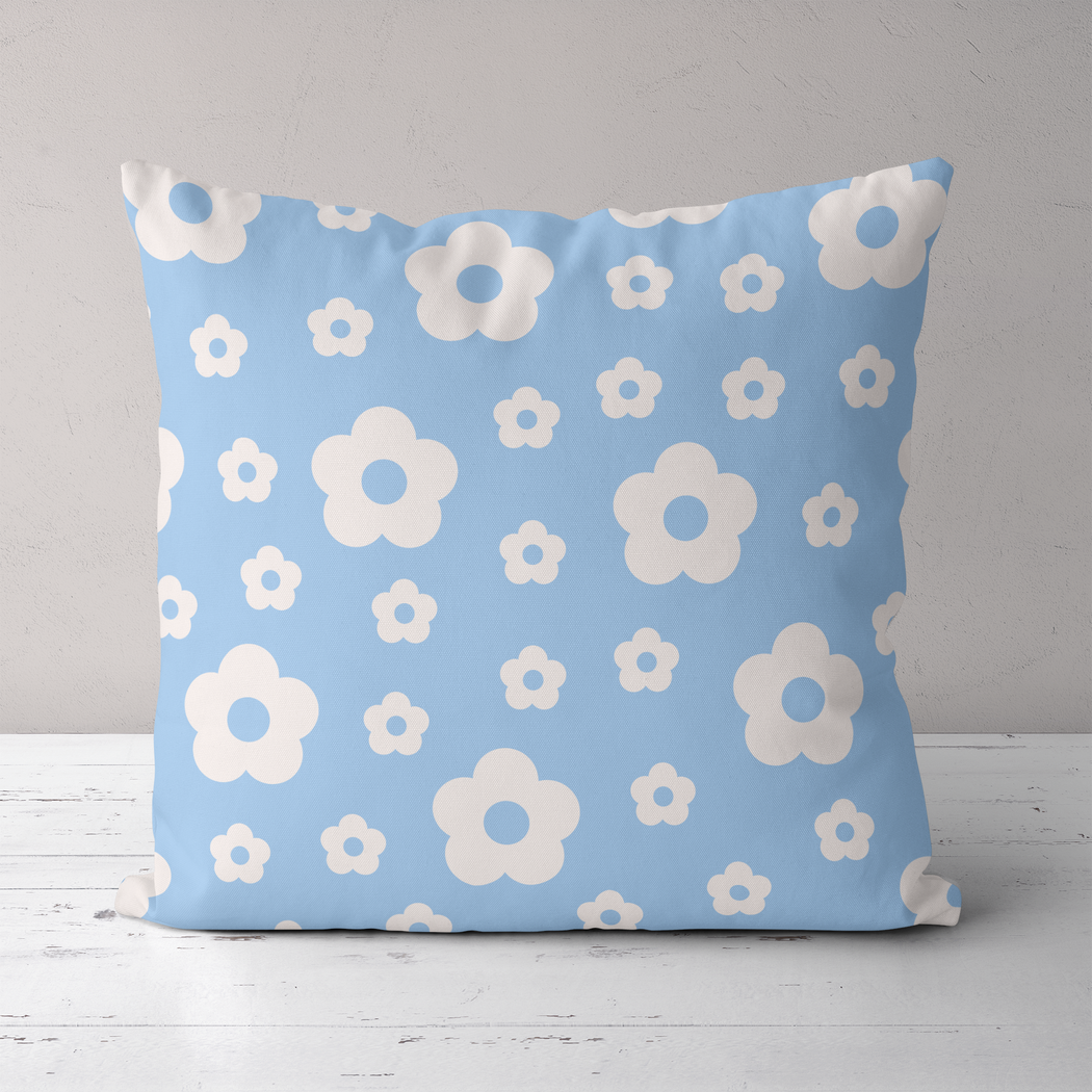 Blue Retro Flowers Pattern Throw Pillow