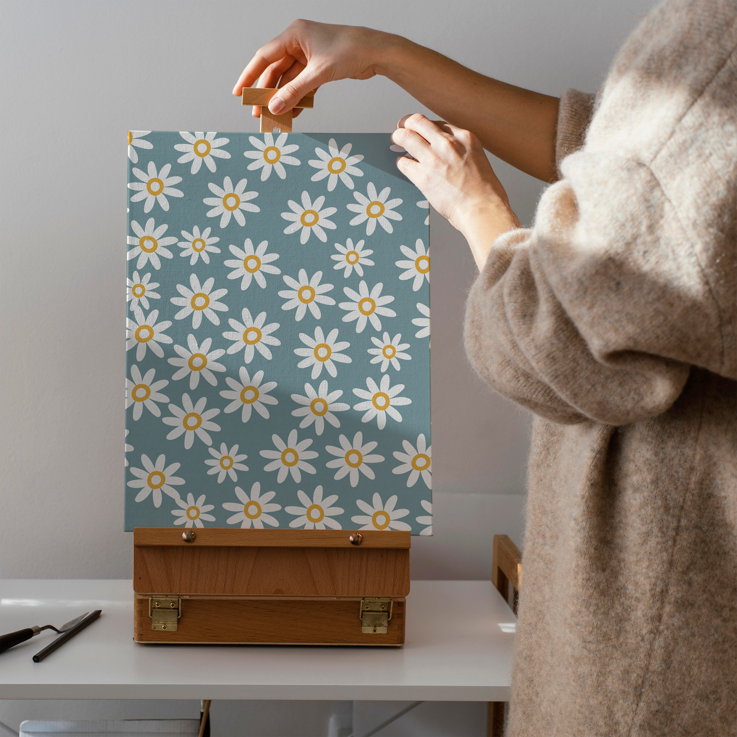 White Daisies on Blue Background Canvas Print