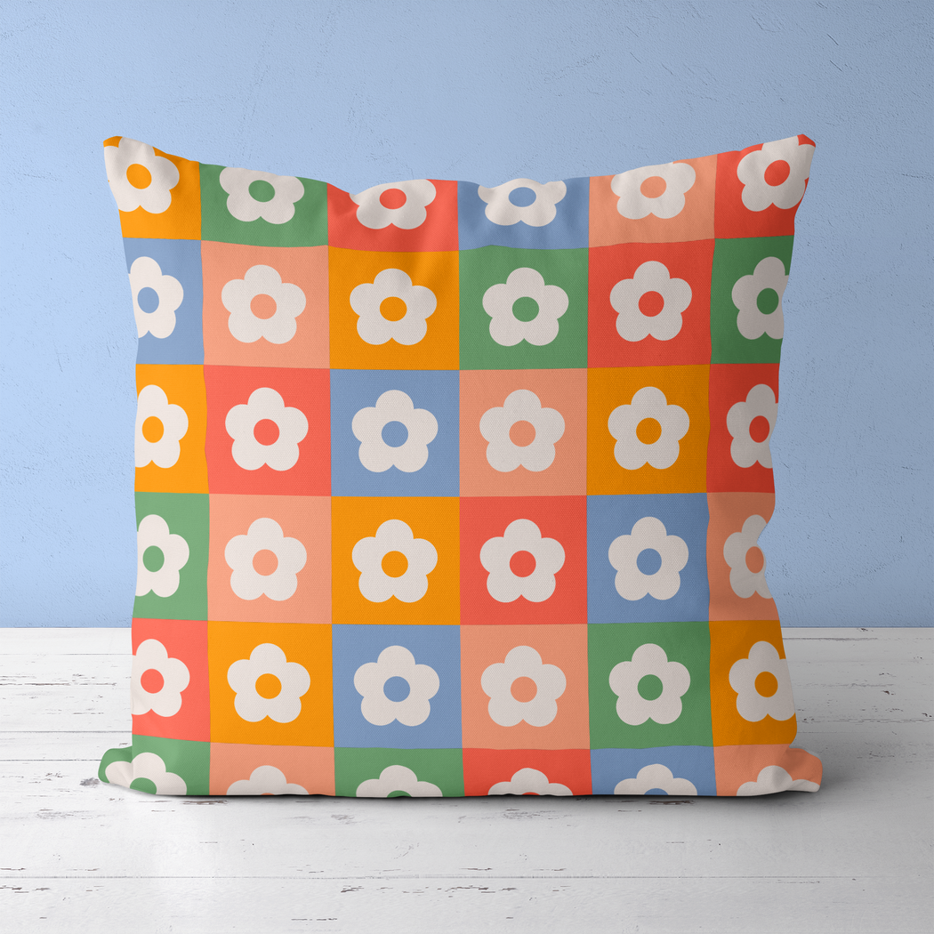 Colorful Retro Flowers 50s 60s 70s Throw Pillow