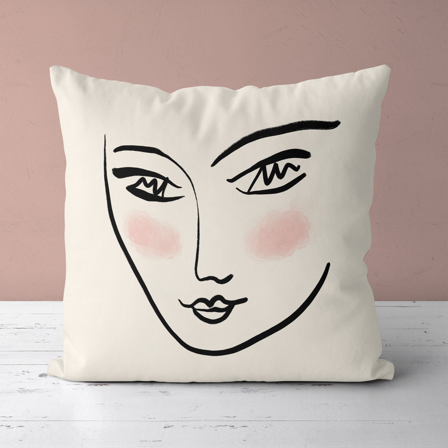 Beige Throw Pillow with Line Art Woman Face