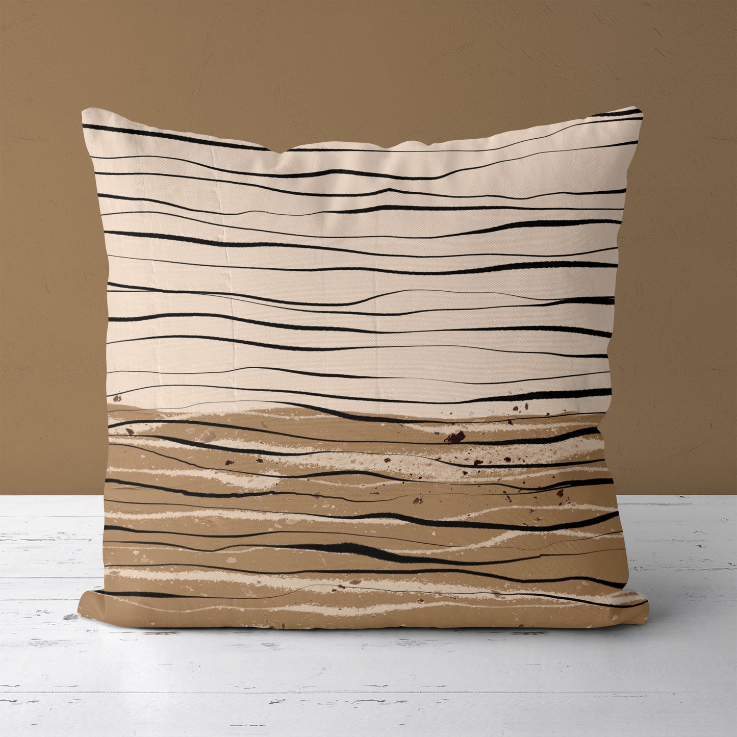 Beige Wavy Line Art Throw Pillow