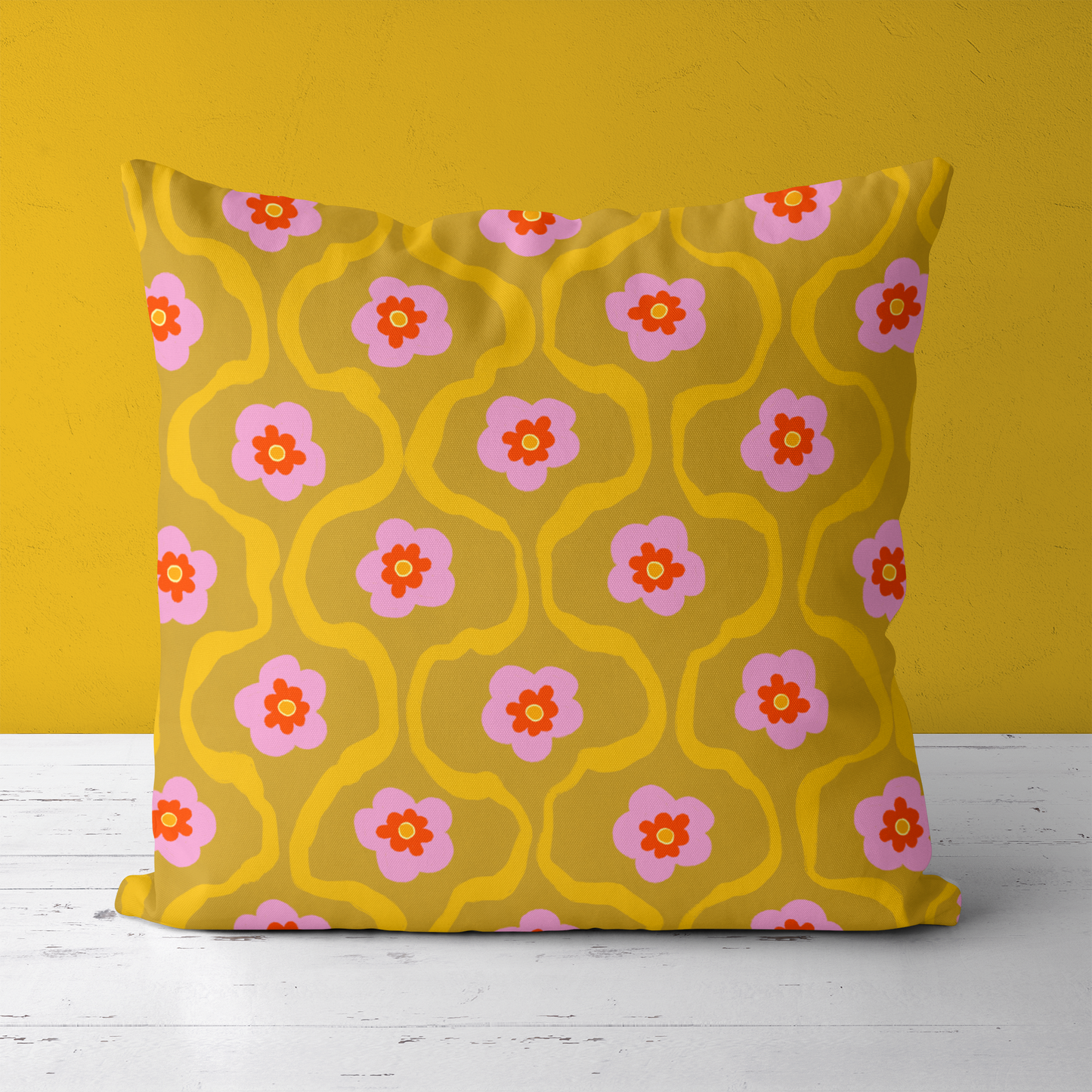 Yellow Retro 60s 70s Pattern Throw Pillow