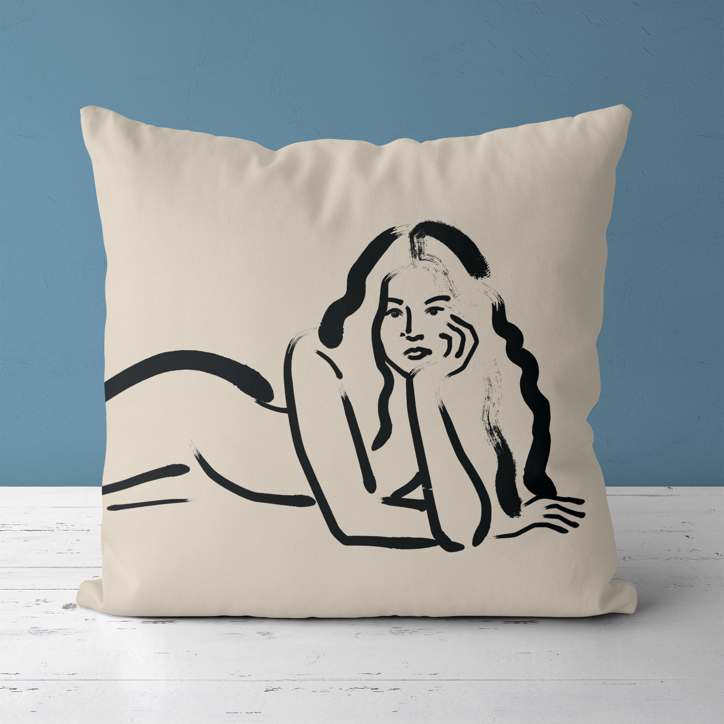 Line Art Woman Beige Minimalist Throw Pillow