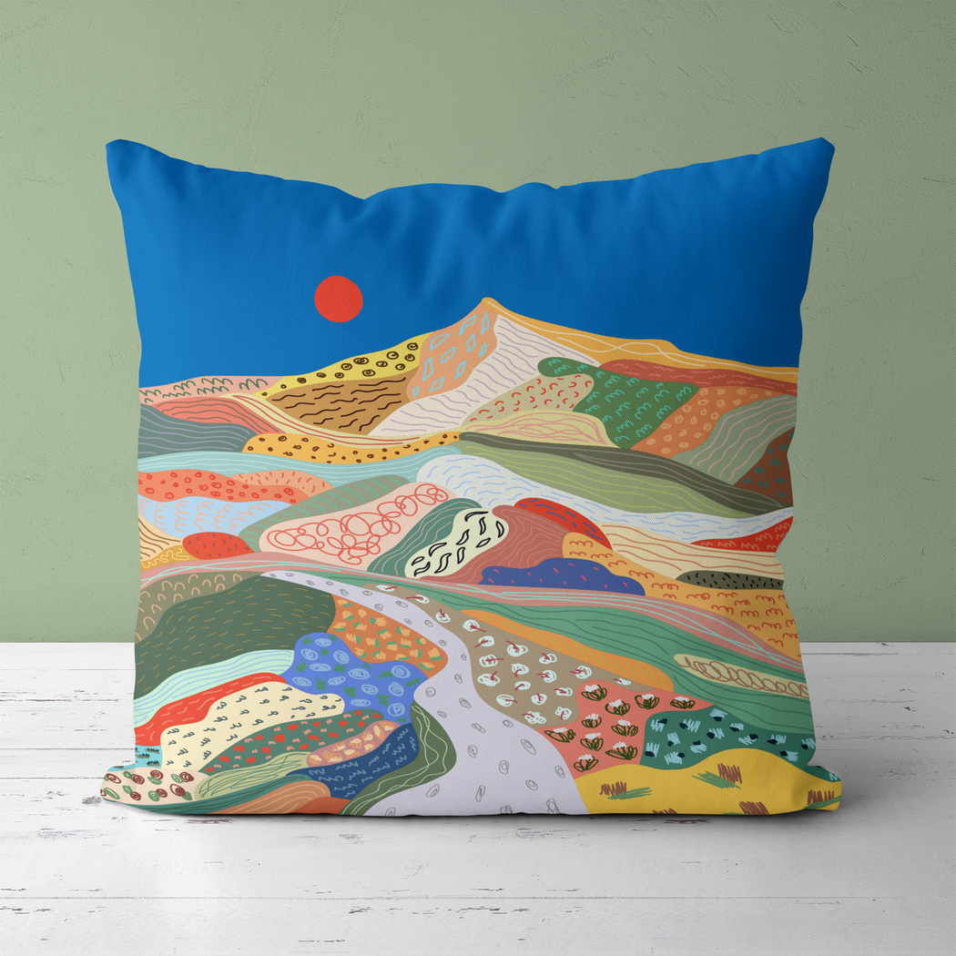 Colorful Mountain Farmhouse Throw Pillow