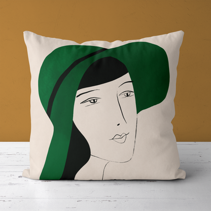 Woman with Green Hat Throw Pillow