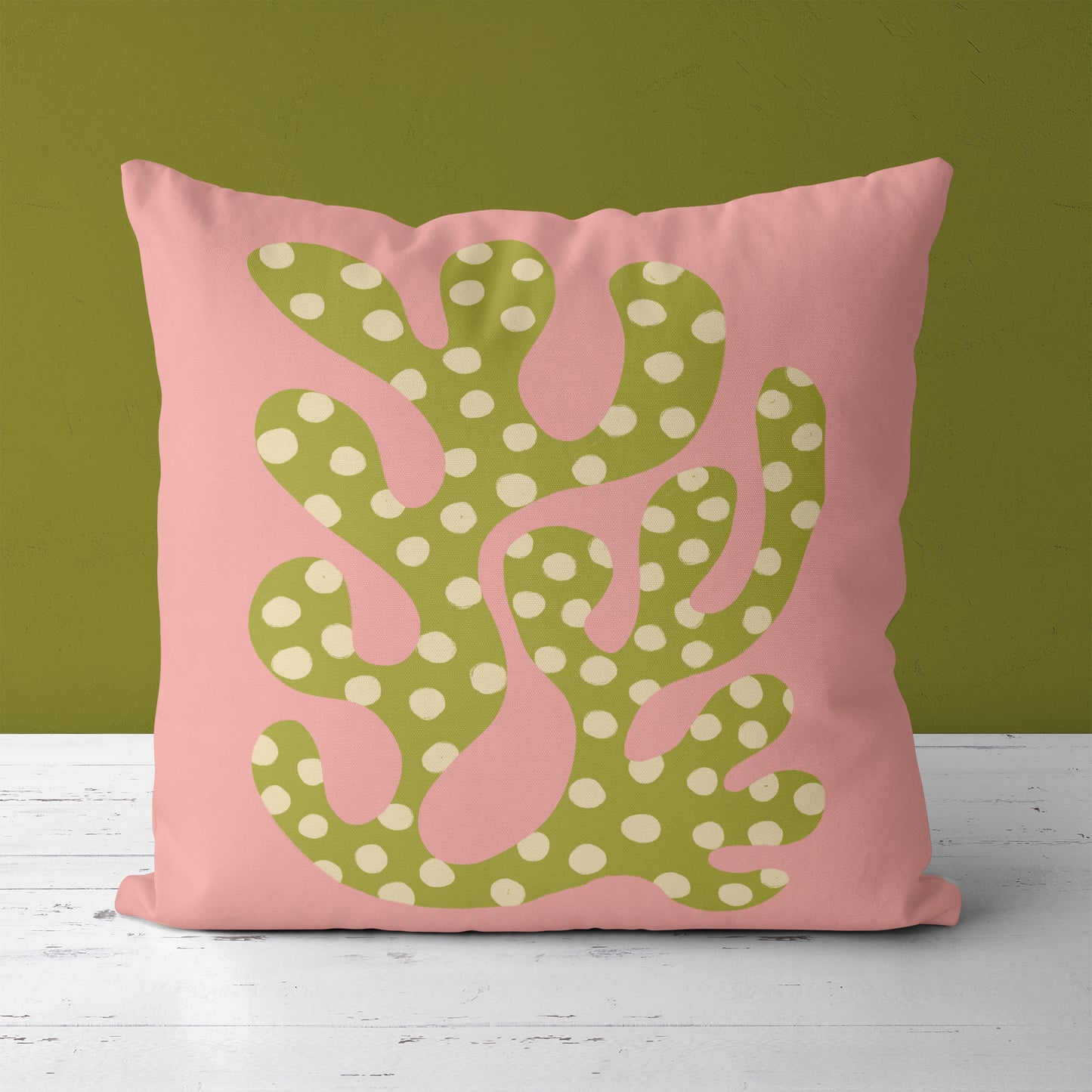 Pink Abstract Green Leaf Shapes Throw Pillow