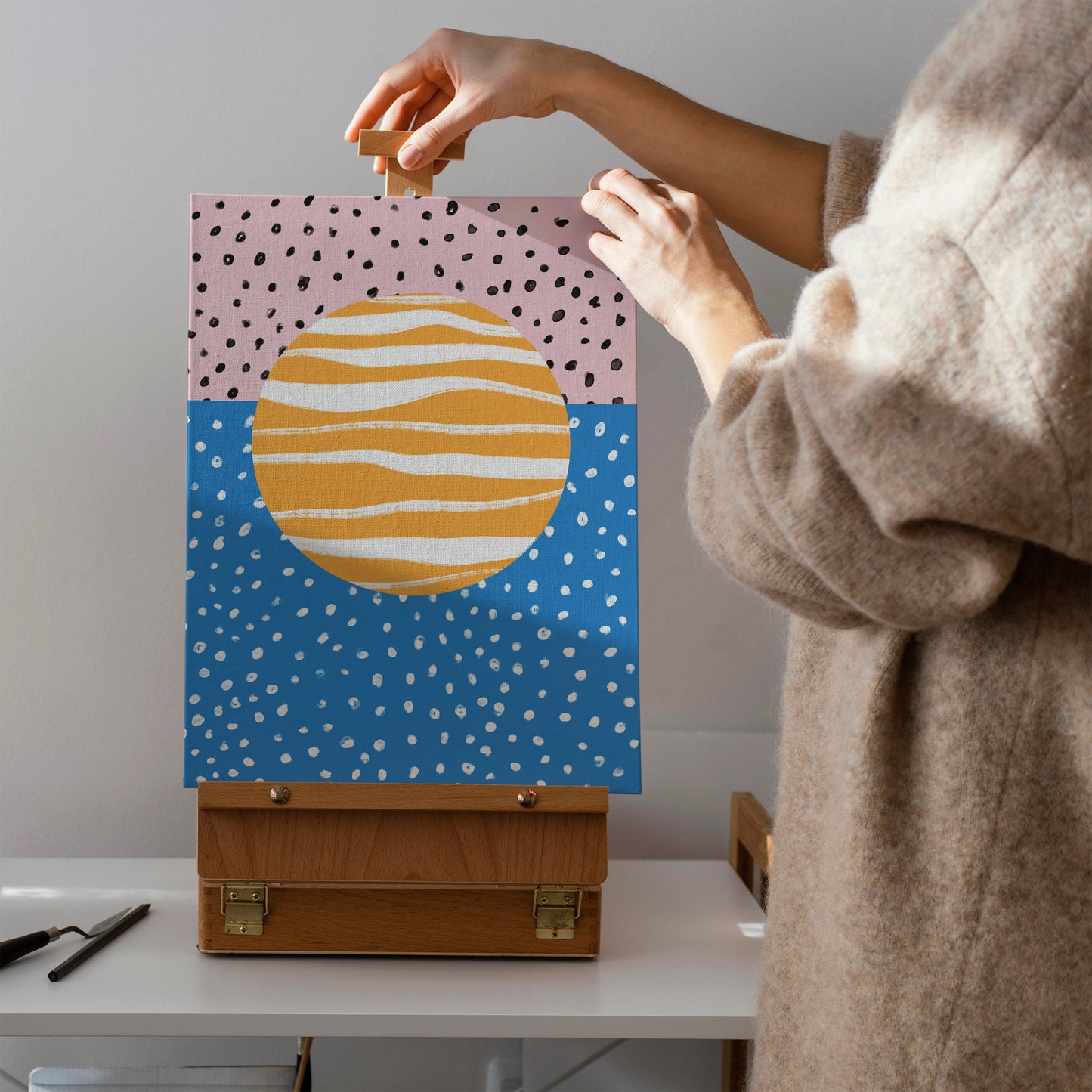 Blue Sun with Dots Modern Canvas Print