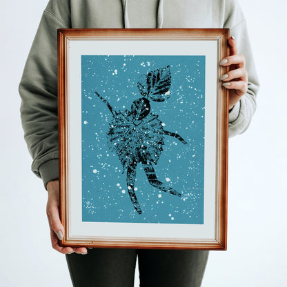 Blue Linocut Nature Poster