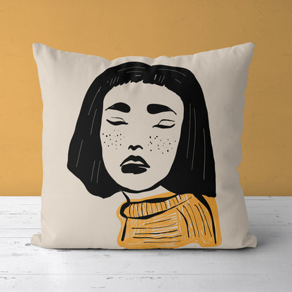 Yawning Girl Handdrawn Throw Pillow