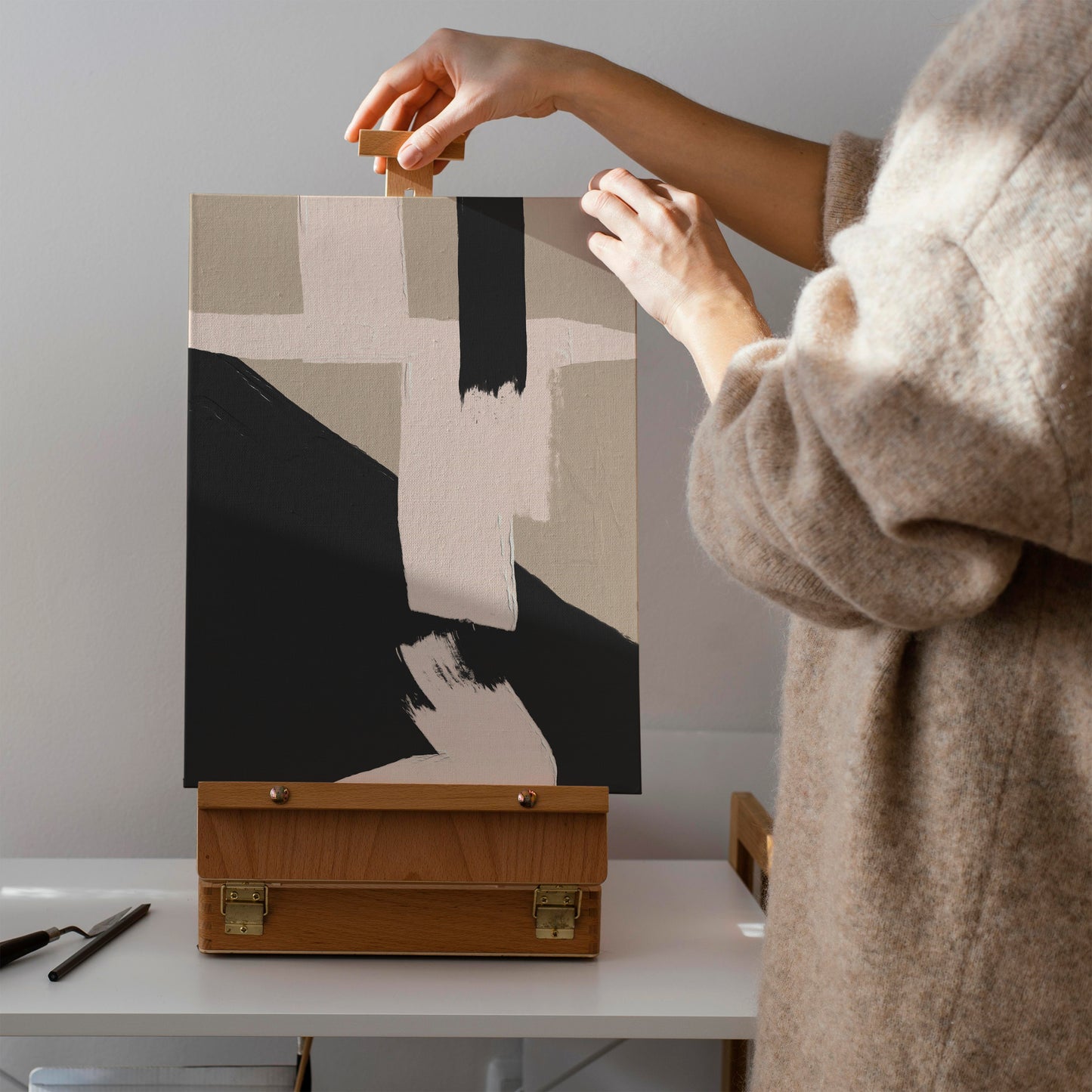 Modern Brushstrokes Beige Black Canvas Print